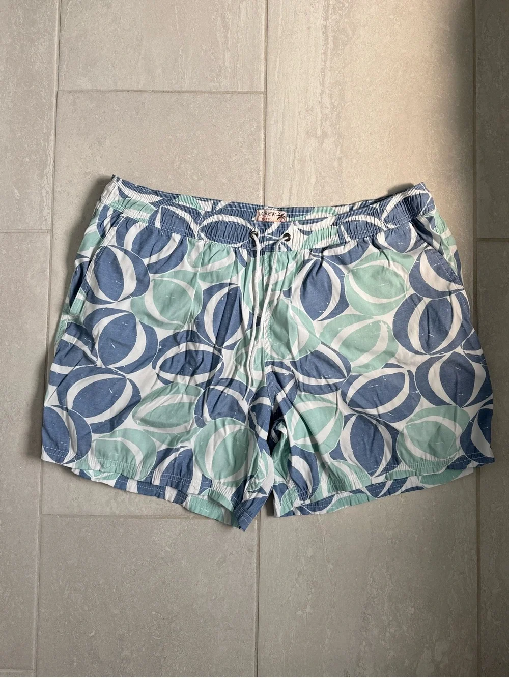 J. Crew Blue & Mint Circular Print Swim Trunks